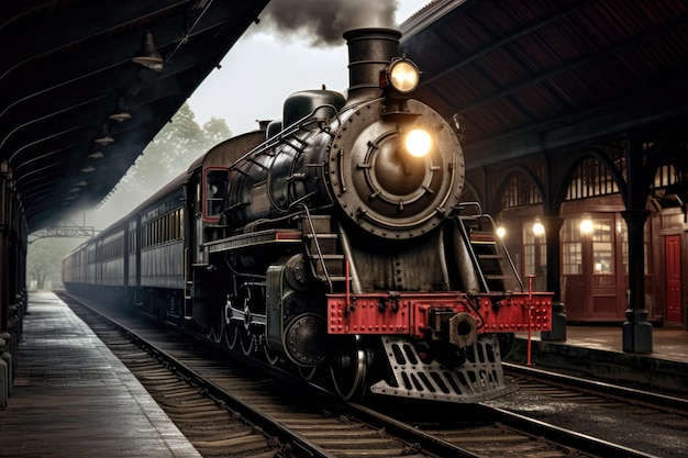 歴史的な駅のプラットフォームでの蒸気エンジン列車は,生成AIで作成されました.