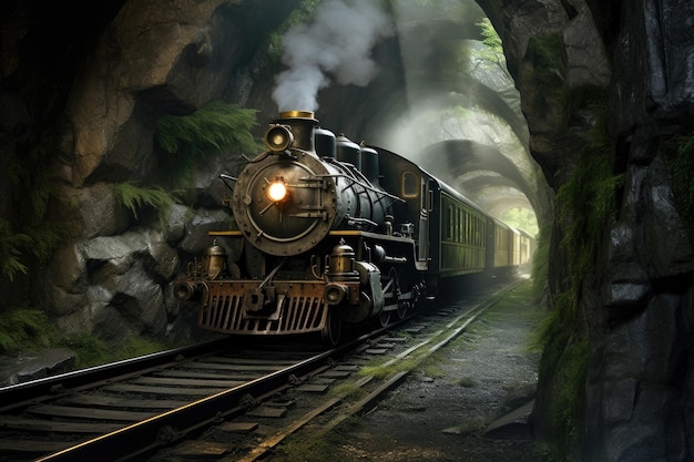 Steam engine train passing through a mountain tunnel created with generative ai