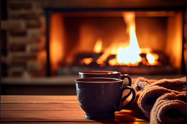 Steam from a cups with a hot cocoa on the fireplace ba _2jpg