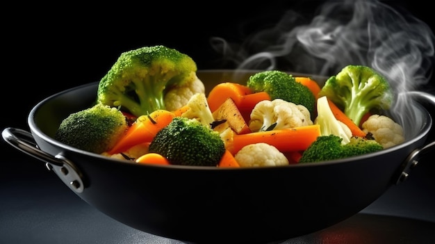 steam from the vegetables carrot broccoli cauliflower