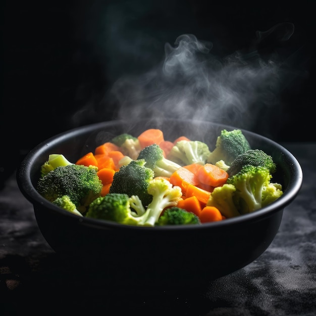 steam from the vegetables carrot broccoli cauliflower