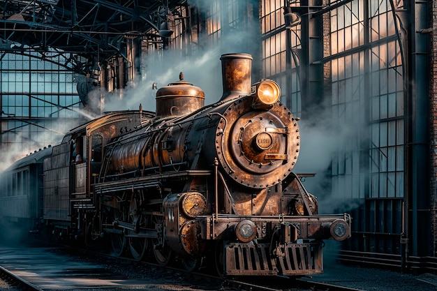 Steam Locomotive Bellowing Smoke at Historic Rail Station