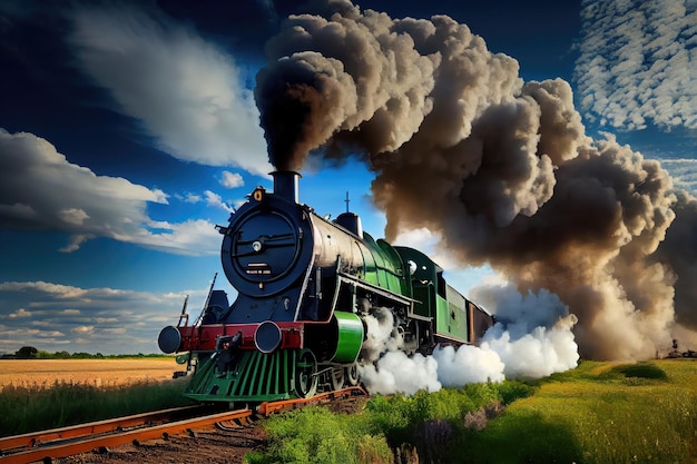 A steam locomotive puffing smoke into the air surrounded by green fields and blue skies