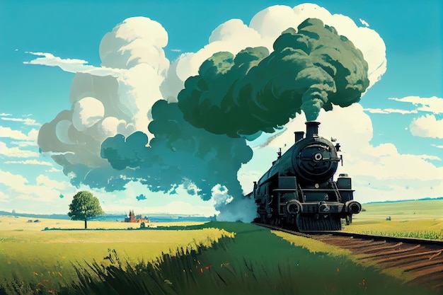 A steam locomotive puffing smoke into the air surrounded by green fields and blue skies