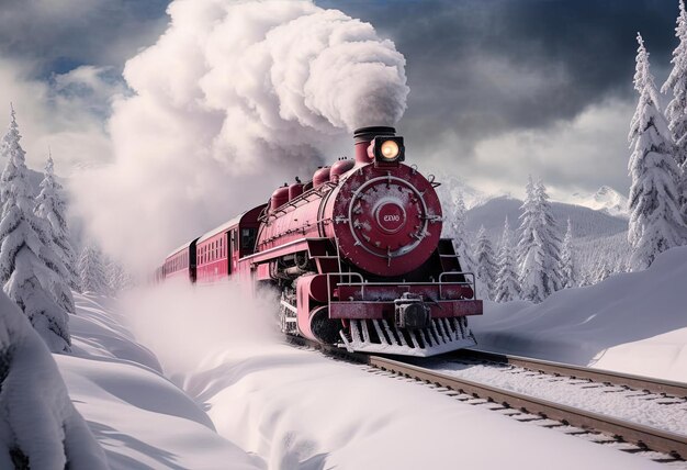 steam locomotive on snowy mountain tracks in the style of energetic and bold