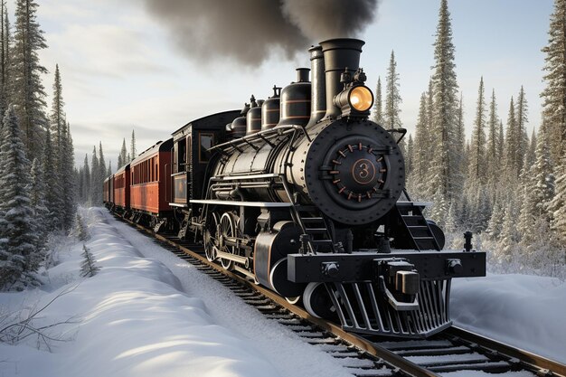 Steam locomotive in a snowy scene