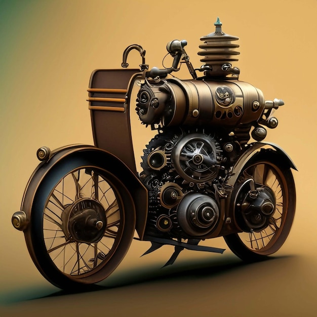 Steam punk inspired motorcycle with period architecture background 3d rendering