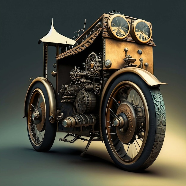 Steam punk inspired motorcycle with period architecture background 3d rendering