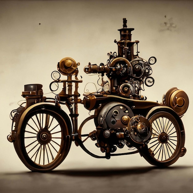 Steam punk inspired motorcycle with period architecture background 3d rendering