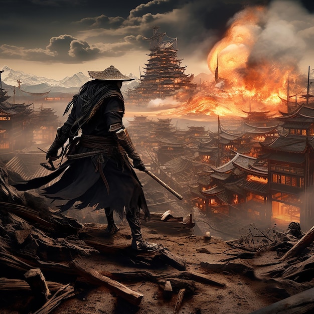 samurai fight with fire in the background