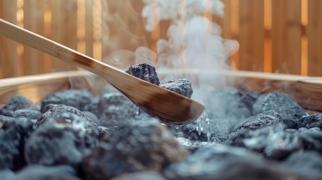 Foto il vapore sale da un cucchiaio di legno mentre versa l'acqua sulle rocce calde nella sauna il suono del bruciore