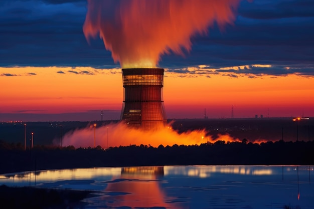 Photo steam rising from cooling tower at dusk