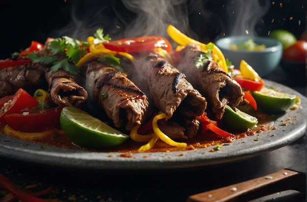 Steam rising from freshly cooked fajitas