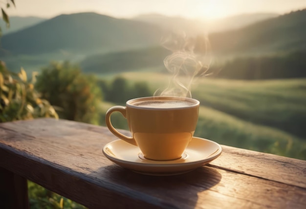 Steam rising from freshly prepared coffee in cup on table at home