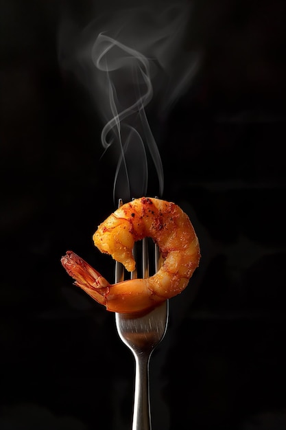 Photo steam rising from grilled shrimp on a fork against a dark background