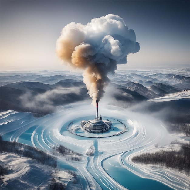 a steam rising from a lake with smoke coming out of it.