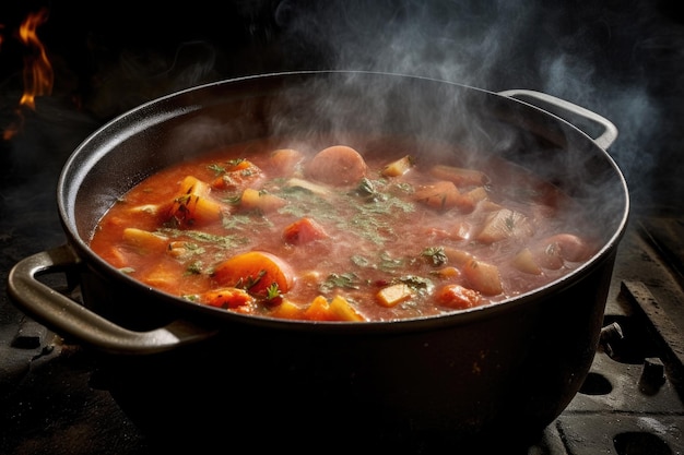 Steam rising from a simmering dutch oven stew created with generative ai