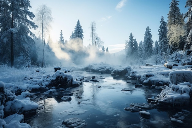 Steam rising from a thermal hot spring in the snow