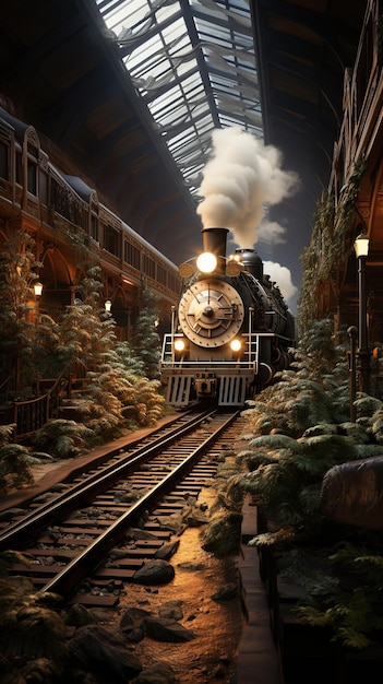 A steam train chugging through snowcovered location during the Christmas season