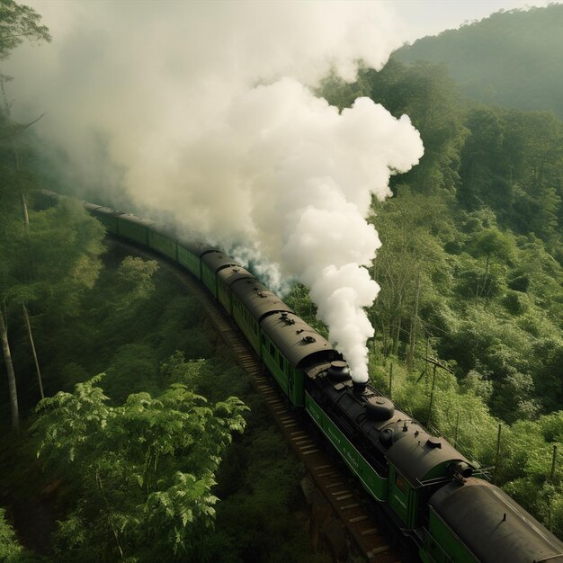 A steam train in jungle with foggy fog