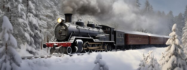 Photo steam train running through the snowy forest