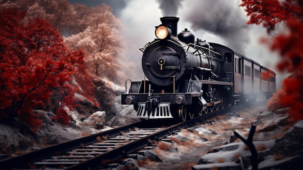 Steam train with winter leaves