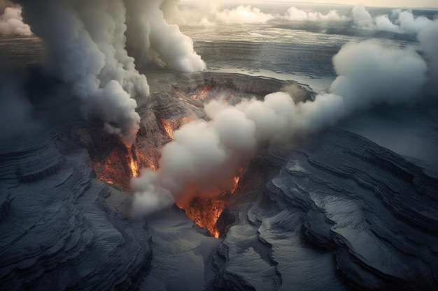 Steam vents releasing pressure on volcanos surface created with generative ai