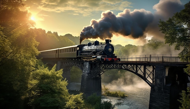 A steamage train crosses an iron bridge