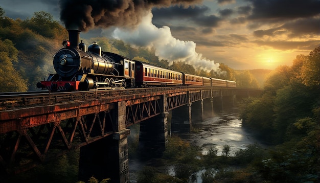 A steamage train crosses an iron bridge