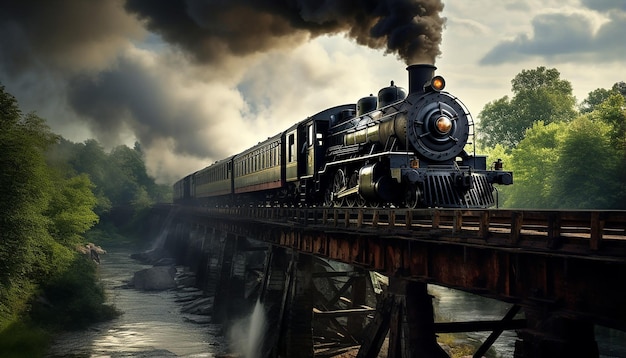 A steamage train crosses an iron bridge