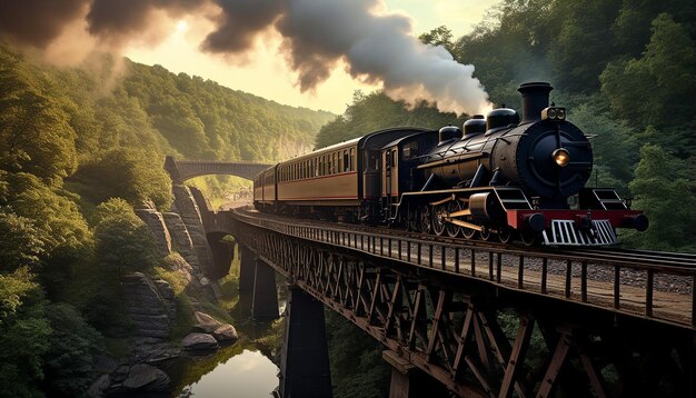 A steamage train crosses an iron bridge