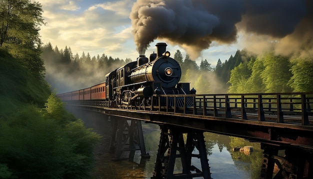 Photo a steamage train crosses an iron bridge