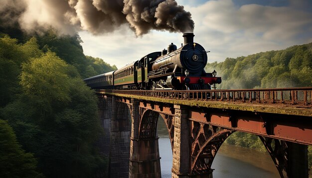 Photo a steamage train crosses an iron bridge