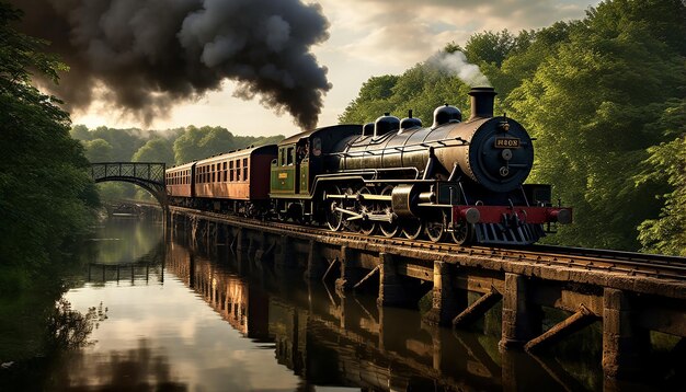 Photo a steamage train crosses an iron bridge