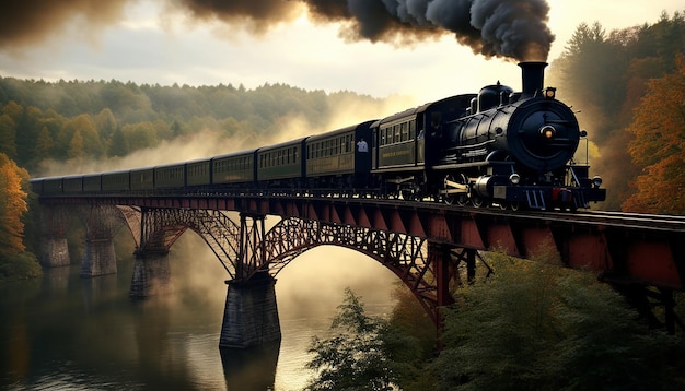Паровой поезд пересекает железный мост.