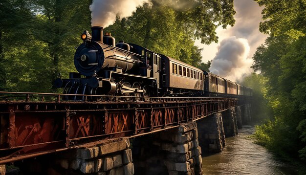 A steamage train crosses an iron bridge