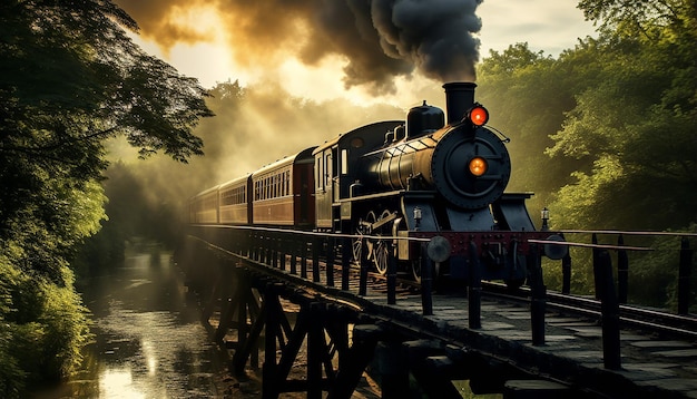 Foto un treno a vapore attraversa un ponte di ferro