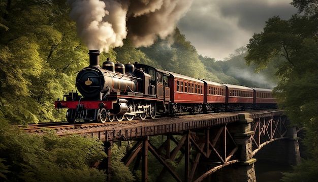 Photo a steamage train crosses an iron bridge