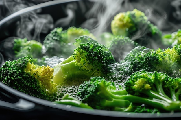 Steamed broccoli on white restaurant plate isolated Green asparagus cabbage cooked on steam