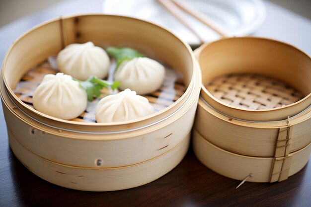 Steamed buns in a bamboo steamer