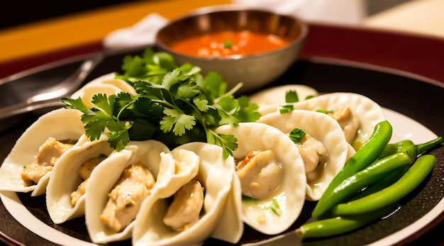 steamed chicken momo with chili sauce