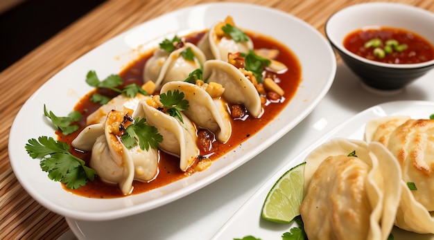 steamed chicken momo with chili sauce