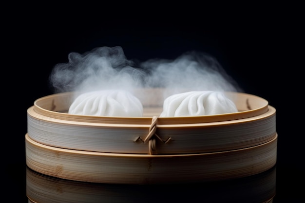 写真 白い背景の伝統的な竹の蒸気鍋で蒸しドンプリングディムサム 選択された焦点