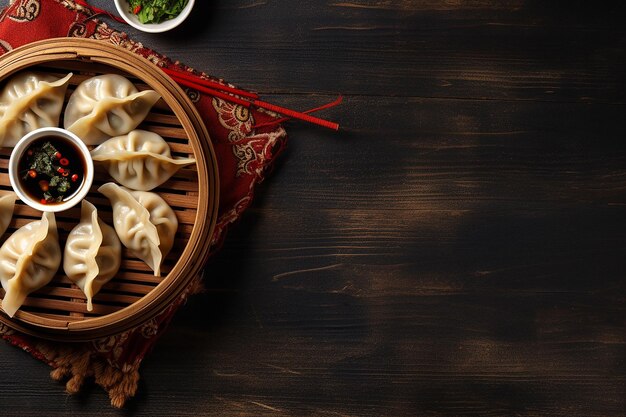 Photo steamed dumplings in bamboo steamer with dipping sauce on the side