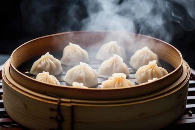 Steamed dumplings in bamboo steamer