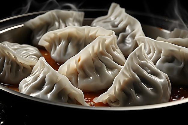 Steamed dumplings in a pan on a black background