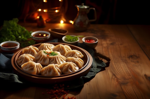 Steamed dumplings in plate with soy sauce on wooden table in kitchen Delicious Chinese cuisine food