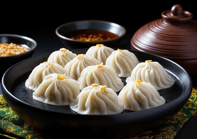 Steamed dumplings stuffed with minced meat and rice on black background