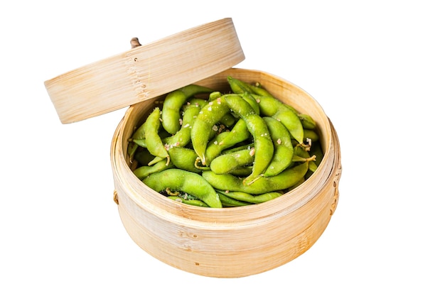 Steamed Edamame Beans with sea salt soy beans Isolated on white background Top view