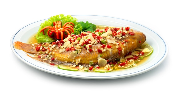 Steamed Fish with Lime Sauce Spicy Tasty Red Tilapia Fish Thai Food  